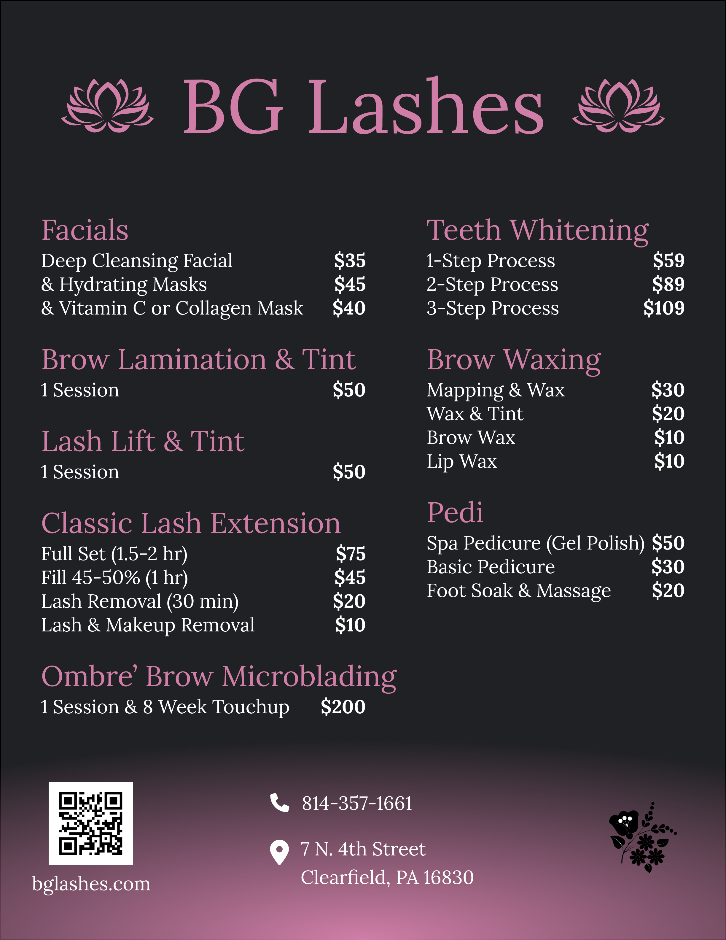 Sales sheet for BG Lashes including services, prices, hours and location with a QR code to their website.