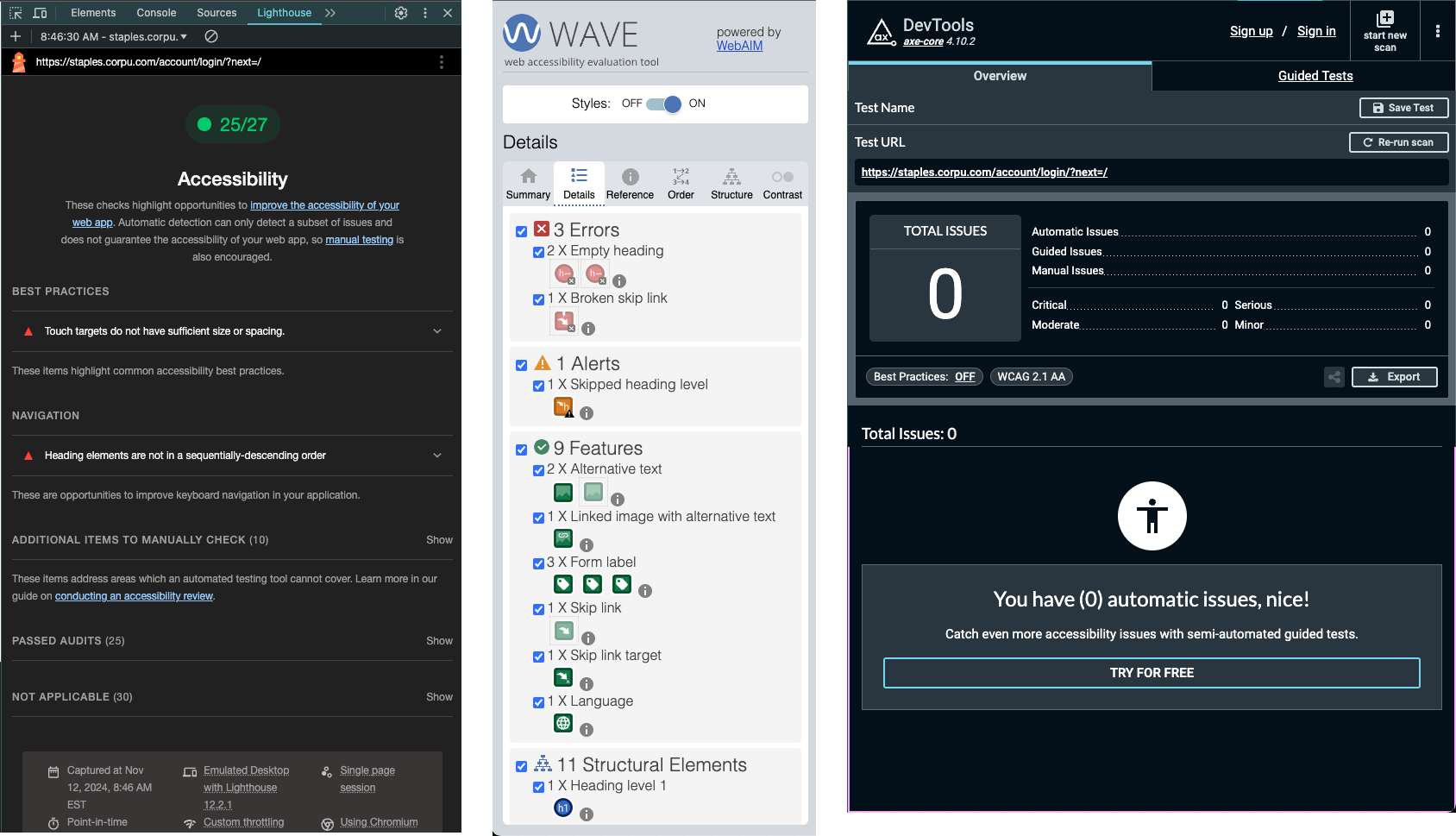 Accessibility audit results from Wave, Lighthouse, and ax-core plugin