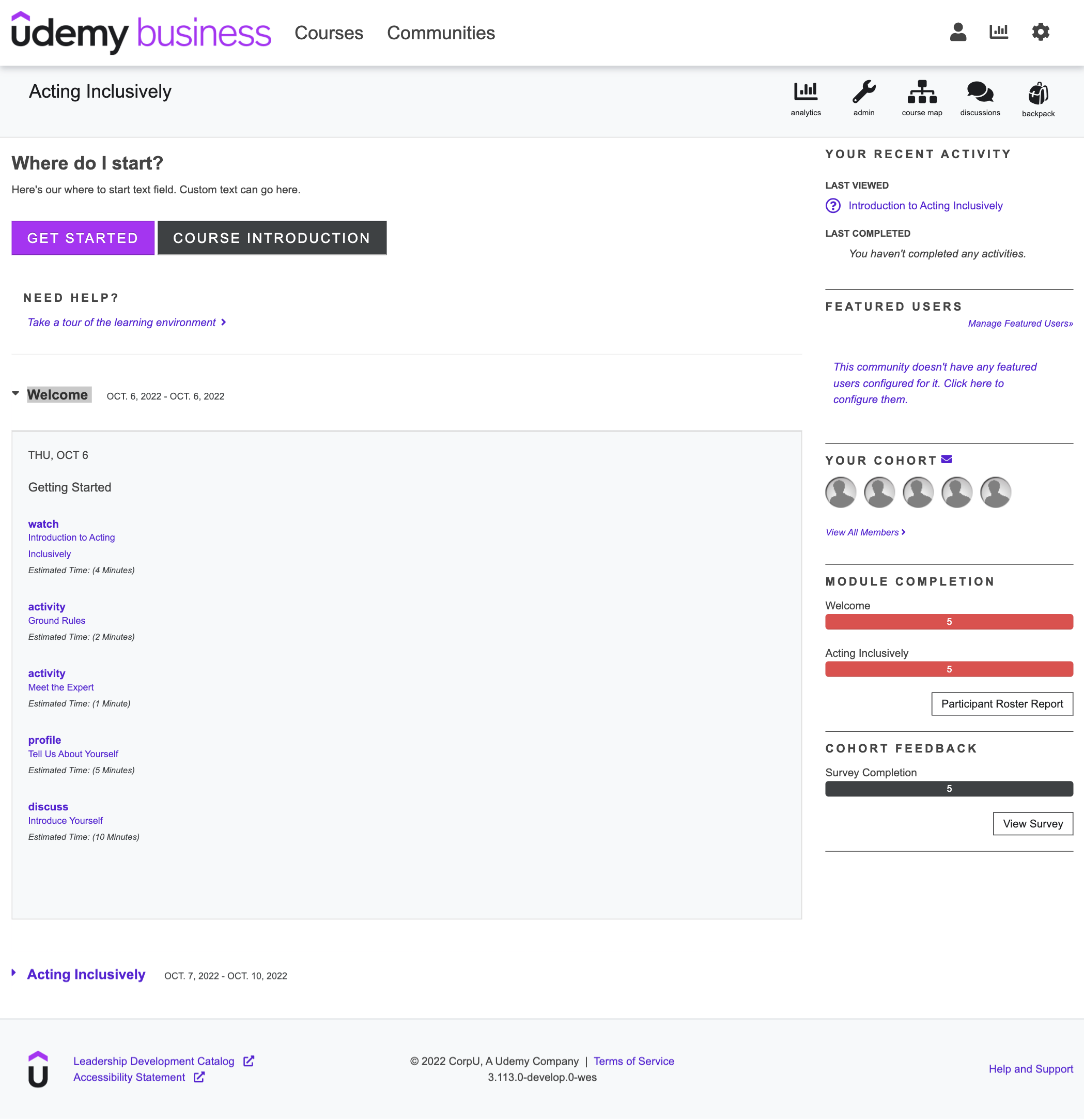 Cohort Learning Platform course landing page with Udemy Business rebranding treatment